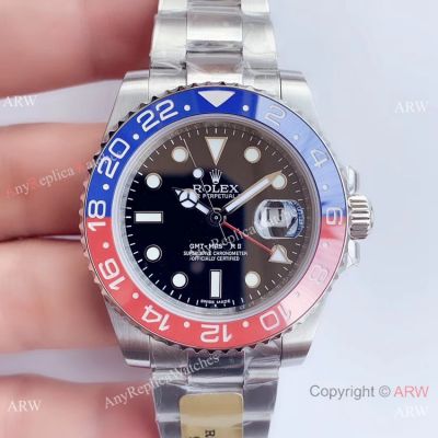 UN factory/904L/Swiss 3186 Rolex Gmt Master II Pepsi Replica Watch Black Dial Oyster Band